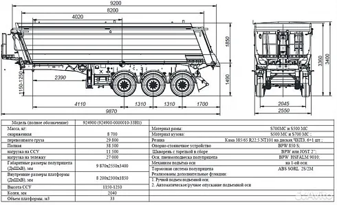 Самосвальный полуприцеп РИАТ 924900-33H2 с кузовом 33 куб. м в сером цвете
